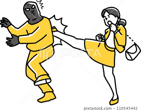 Woman kicking masked robber 110545442