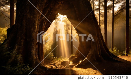 Light shining in, a space in the forest with a mysterious atmosphere (AI generated) Light shining in, a space in the forest with a mysterious atmosphere (AI generated) 110545746