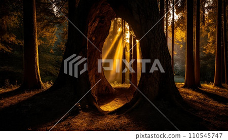In the forest with shining light and a mysterious atmosphere (AI generation) In the forest with shining light and a mysterious atmosphere (AI generation) 110545747