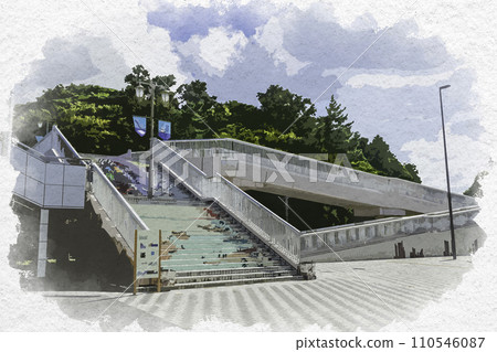 Watercolor style Mikuni Minato Echizen Railway Mikuni Station overpass Sakai City, Fukui Prefecture Watercolor style Mikuni Minato Echizen Railway Mikuni Station overpass Sakai City, Fukui Prefecture 110546087