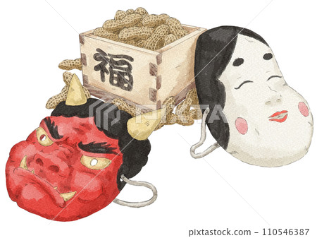 Illustration of Setsubun masks and peanuts (watercolor style) 110546387