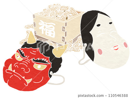 Illustration of Setsubun masks and peanuts (print style) 110546388