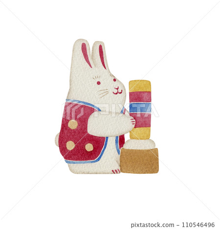 Sawara Hariko, Mochi-pounding rabbit, Japanese local toy, folk art, traditional craft, watercolor illustration 110546496