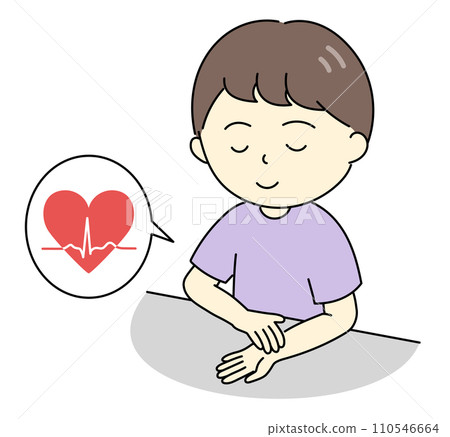 Illustration of a young man measuring his pulse on his wrist and an electrocardiogram waveform 110546664