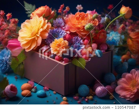 AI-generated content. flowers set. beautiful luxury bouquet in the box. the work of the florist at a flower shop. High quality photo AI-generated content. flowers set. beautiful luxury bouquet in the box. the work of the florist at a flower shop. High quality photo 110547087