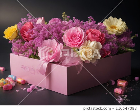 AI-generated content. flowers set. beautiful luxury bouquet in the box. the work of the florist at a flower shop. High quality photo 110547088