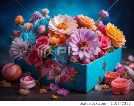 AI-generated content. flowers set. beautiful luxury bouquet in the box. the work of the florist at a flower shop. High quality photo 110547232