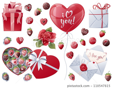 Set of elements for Valentine's Day, wedding. Clip art for holiday cards, banners, flyers. Stickers of roses, ball, strawberries on an isolated background. 110547815