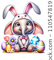 Cute Elephant in Easter Bunny Costume with Easter Eggs and Flowers Watercolor Clipart on Transparent Background. Happy Easter Clipart. 110547819