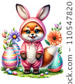 Cute Fox in Easter Bunny Costume with Easter Eggs and Flowers Watercolor Clipart on Transparent Background. Happy Easter Clipart. 110547820