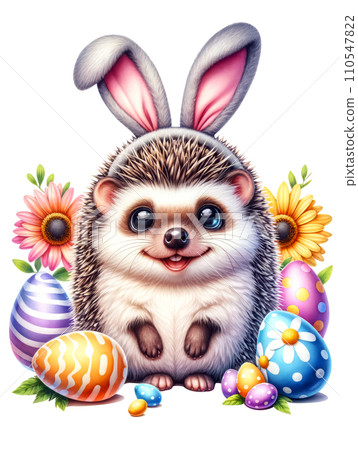 Cute Hedgehog in Easter Bunny Costume with Easter Eggs and Flowers Watercolor Clipart on Transparent Background. Happy Easter Clipart. Cute Hedgehog in Easter Bunny Costume with Easter Eggs and Flowers Watercolor Clipart on Transparent Background. Happy Easter Clipart. 110547822