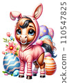 Cute Horse in Easter Bunny Costume with Easter Eggs and Flowers Watercolor Clipart on Transparent Background. Happy Easter Clipart. 110547825
