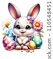 Cute Easter Bunny with Easter Eggs and Flowers Watercolor Clipart on Transparent Background. Happy Easter Clipart. 110548451