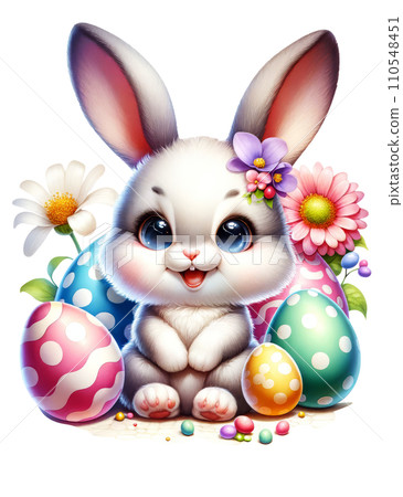 Cute Easter Bunny with Easter Eggs and Flowers Watercolor Clipart on Transparent Background. Happy Easter Clipart. 110548451