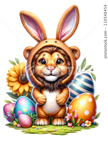 Cute Lion in Easter Bunny Costume with Easter Eggs and Flowers Watercolor Clipart on Transparent Background. Happy Easter Clipart. Cute Lion in Easter Bunny Costume with Easter Eggs and Flowers Watercolor Clipart on Transparent Background. Happy Easter Clipart. 110548454