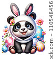 Cute Panda in Easter Bunny Costume with Easter Eggs and Flowers Watercolor Clipart on Transparent Background. Happy Easter Clipart. 110548456
