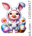 Cute Pig in Easter Bunny Costume with Easter Eggs and Flowers Watercolor Clipart on Transparent Background. Happy Easter Clipart. 110548457