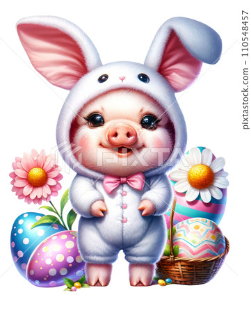 Cute Pig in Easter Bunny Costume with Easter Eggs and Flowers Watercolor Clipart on Transparent Background. Happy Easter Clipart. Cute Pig in Easter Bunny Costume with Easter Eggs and Flowers Watercolor Clipart on Transparent Background. Happy Easter Clipart. 110548457