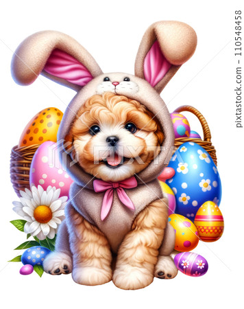 Cute Dog in Easter Bunny Costume with Easter Eggs and Flowers Watercolor Clipart on Transparent Background. Happy Easter Clipart. Cute Dog in Easter Bunny Costume with Easter Eggs and Flowers Watercolor Clipart on Transparent Background. Happy Easter Clipart. 110548458