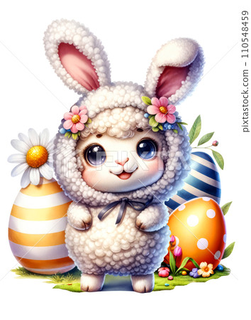 Cute Sheep in Easter Bunny Costume with Easter Eggs and Flowers Watercolor Clipart on Transparent Background. Happy Easter Clipart. Cute Sheep in Easter Bunny Costume with Easter Eggs and Flowers Watercolor Clipart on Transparent Background. Happy Easter Clipart. 110548459