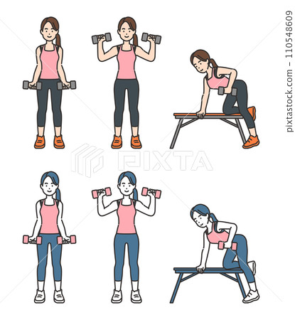 illustration of a woman holding a dumbbell illustration of a woman holding a dumbbell 110548609