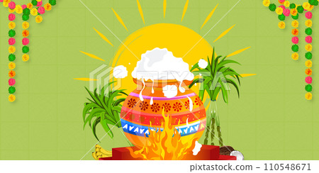 Vector illustration of beautiful colorful happy Pongal festival background. Vector illustration of beautiful colorful happy Pongal festival background. 110548671