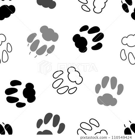Cat paw prints seamless pattern. Feline footprints tracks monochrome silhouettes on white background 110549424