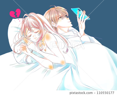 一個女人因與伴侶的距離、眼淚、床、智慧型手機而悲傷 110550177