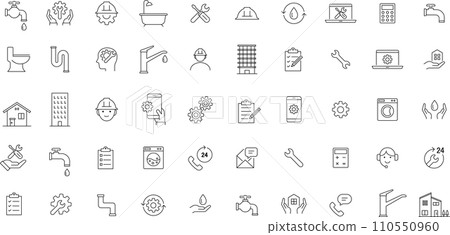 Monochrome plumbing and construction line drawing icon set Monochrome plumbing and construction line drawing icon set 110550960