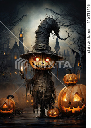 Spooky Halloween monster. Its head is creepy pumpkin, it holds a candle, adding an eerie glow to the scene. Jack-o-lanterns, and scary medieval town forms the eerie backdrop. Generative AI 110551206