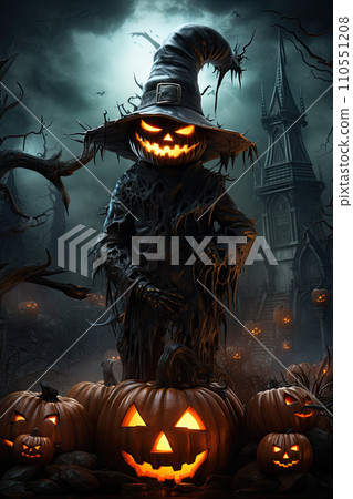 Terrifying pumpkin-headed monster stands near a row of jack-o-lanterns. Behind the creature, an old crypt lurks, adding an extra layer of mystery and fear to this spooky Halloween scene 110551208