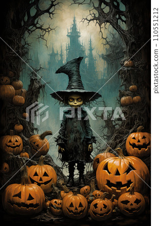 spooky monster haunting forest on Halloween night surrounded by jack-o-lanterns, this creature exudes an aura of mystery and fear. Generative AI 110551212