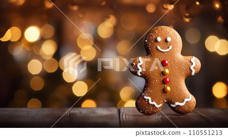 Charming gingerbread man cookie with colorful icing details placed on a festive background, perfect for holiday greetings and messages, with ample copy space for your text or design. Generative AI Charming gingerbread man cookie with colorful icing details placed on a festive background, perfect for holiday greetings and messages, with ample copy space for your text or design. Generative AI 110551213