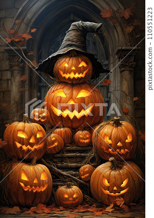 Spooky Halloween background featuring a heap of glowing jack-o-lanterns stacked on stairs leading to an old and weathered wooden door. Generative AI 110551223