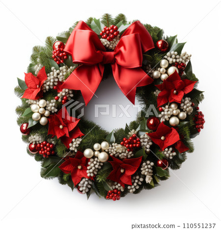 Classic Christmas wreath adorned with a luscious red ribbon embodies the festive spirit of the holiday season. Generative AI 110551237