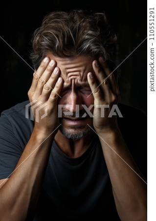 A man experiencing a severe migraine headache, shown grimacing and holding his temples in intense pain.. Generative AI. Fictional person. 110551291