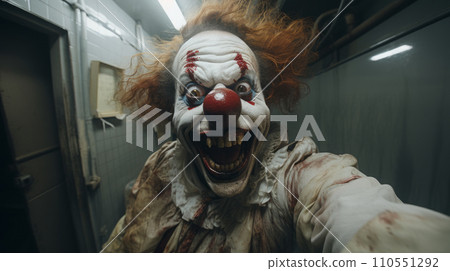 Nightmarish clown captures a horrifying selfie as they dash through the dimly lit and eerie corridors of a haunted hospital. Generative AI. Fictional person. 110551292