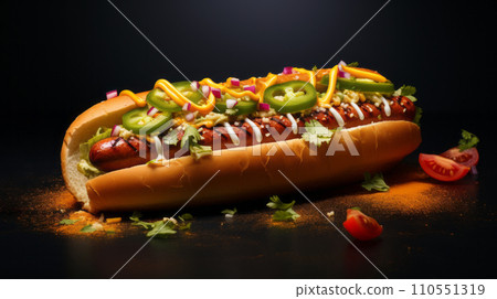 Juicy hot dog is nestled in a soft bun, adorned with a tantalizing combination of fiery jalapeno peppers, ripe tomato slices, crisp onion, zesty mustard, and fresh cilantro. Generative AI 110551319