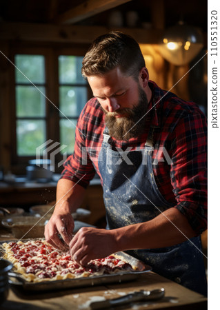 Bearded man skillfully kneading dough to prepare a delicious homemade pizza in the kitchen. Generative AI. 110551320