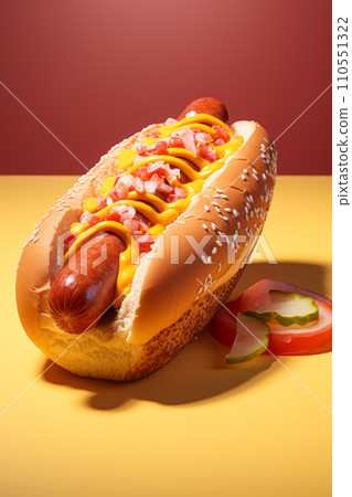 Succulent hot dog is nestled in soft bun and adorned with juicy tomato slices, refreshing cucumber, and zesty mustard. The two-color background, with vibrant yellow and red hues. Generative AI 110551322
