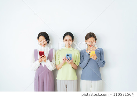Group of middle-aged women looking at smartphones 110551564