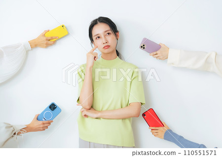 A middle-aged woman worries about being handed a smartphone. 110551571