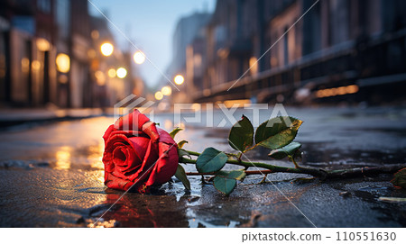Red rose on the street in the old city. Generative AI 110551630