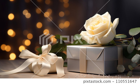 White rose and gift box with a bow on bokeh background. Generative AI 110551647