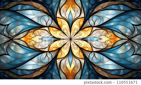 Symmetrical pattern in stained-glass window style. Computer-generated graphics. Generative AI Symmetrical pattern in stained-glass window style. Computer-generated graphics. Generative AI 110551671