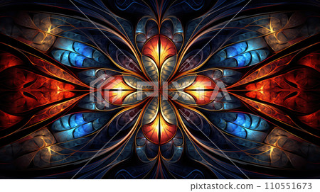 Symmetrical pattern in stained-glass window style. Blue, red, and yellow palette. Computer-generated graphics. Generative AI 110551673
