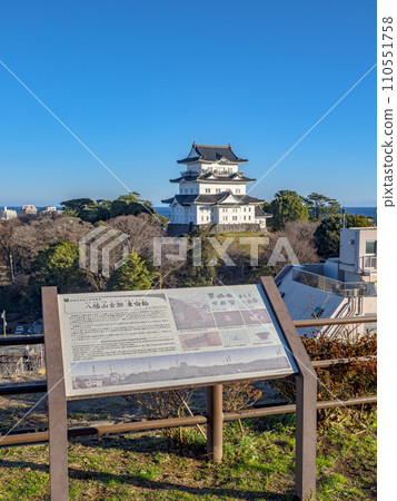 Odawara Castle ruins, castle tower and information board seen from Hachimanyama old castle Higashikuruwa 110551758