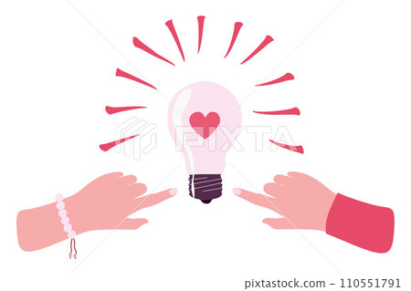 Sharing Love, Ideas and knowledge with others. Human hands Turning on light bulb with heart inside. Person passes to friend or colleague Warm emotions. Vector Valentines day isolated illustration. 110551791
