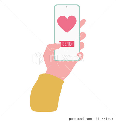 Sending love message concept. Hand holding Phone with heart, Send button on the screen. Finger touch screen. Vector flat cartoon Illustration for advertisement, web sites, banners, infographics design Sending love message concept. Hand holding Phone with heart, Send button on the screen. Finger touch screen. Vector flat cartoon Illustration for advertisement, web sites, banners, infographics design 110551793