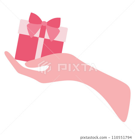 Vector Congratulation Gift box with Bow in Hand. Flat or Cartoon Holiday Illustration with Present isolated on White. Design object for Card, Decoration, Advertisement, Greeting Card, Promotion Poster 110551794
